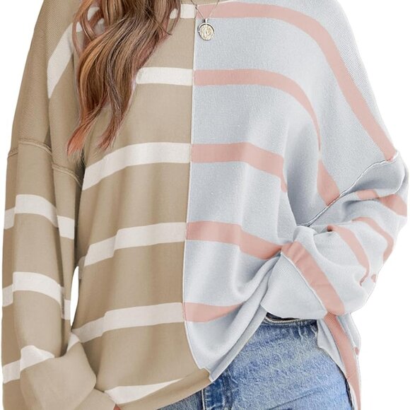 Womens Striped Sweaters Long Sleeve Cable Knitted Color Block Casual Loose Light - Picture 1 of 5